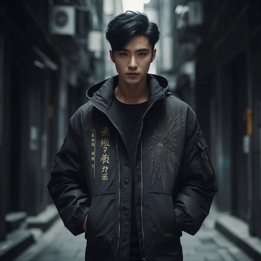 Professional photography of a full body elegant Asian man with body charm, mysterious aura, trendy black short taper hair, wearing a parka jacket with intricate sablon text (('Mau nya gitu?)) ' in a cosplay style, ultra-realistic rendering, masterpiece quality, dark alley background, cinematic, adjust contrast & saturation, vibrant color, with an enigmatic and intriguing expression, high definitions
