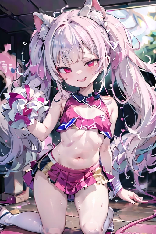 pretty girl、Young face、long silver Hair、long Twin tails、Pink eyeischievous face、Spoiled brat、Immature body、Small breasts、smile、Sweat、（Thick thighs:1.5)、very little demon horns and tail、red  eyes、On all fours、Backwards、looking at viewer、sweat、pink tattoo on her abdomen、ハート型の眼、Open mouth、double teeth、fang、blushing and sticking out her cute tongue, tongue out、sensational、cheerleader