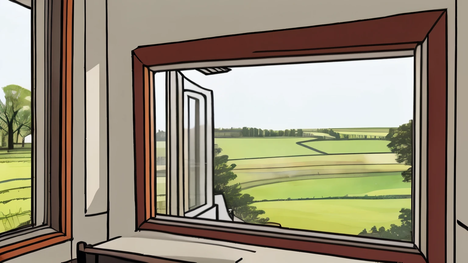 A slow-moving train view through a window, showing a countryside landscape with flowers and trees swaying in the wind. The landscape and wind movement should loop seamlessly, starting and ending with the same scenery and sway. The scene is in a line art style with watercolor effects, creating a warm and nostalgic atmosphere.