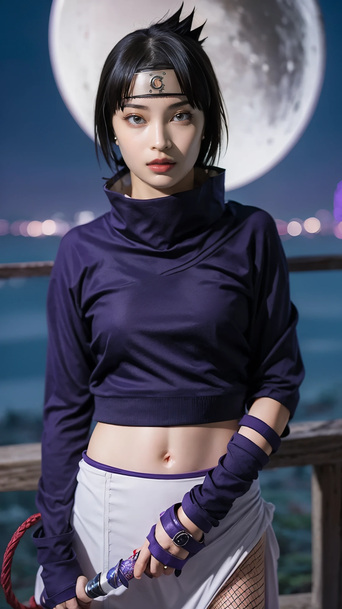 Moisturized skin, (red eyes: 1.4), perfect body, adult female body, mature, cold expression,
BREAK,
(beautiful navel), (kunoichi), (ninja), sexy, (kunai), (leather), fishnet, (fishnet stockings: 1.2), (black clothes), bright red lipstick, (ninja clothes: 1.4),
BREAK,
(highly detailed hair: 1.2), spiky black hair, spiky hairstyle, ((headgown with a bowl)),
BREAK,
((masterpiece + highest quality + high resolution + highly detailed)), (full body: 1.2), symmetrical, one shot,
BREAK,
(blue electricity flows), (Wind blows), (Fighting stance: 1.4), ((A big full moon is in the sky)),
BREAK,
(Uchiha Sasuke: 1.3), Elegant, ((Holding a Japanese sword)), Black sword, Holding the hilt, Long blade, Neon city, Night, Large, thick white rope around waist, ((Purple electricity runs through the whole)),