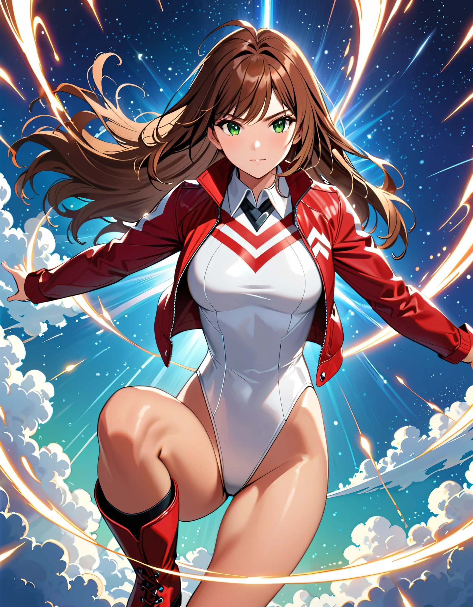 (masterpiece), (best quality), (high res), 1lady, tall body, professional, beautiful detailed eyes, beautiful detailed face, serious, perfect hands, complete fingers, perfect anatomy, perfect proportions, ((brown hair, medium hair, hair down)), ahoge, ((green eyes)), ((leotard, white leotard, matching leotard)), ((white dress collar, open collar)), ((bare legs)), ((boots, matching boots, ankle-high boots, red boots)), breasts, medium breasts, (full body portrait), (solo, solo focus), cowboy shot, space backdrop, (((yellow upside-down chevron) (symbol) on chest)), ((red leather jacket, open jacket)). (T-pose, legs together). (spins fast in place like a tornado, whirls fast in place like a tornado, tornado whirling, spiral lines around her, spinning energy pulse around her, storm winds around her, whirls into a tornado, (she whirls) in (super speeds)). full body costume design. curved sword slash. she super-spins.