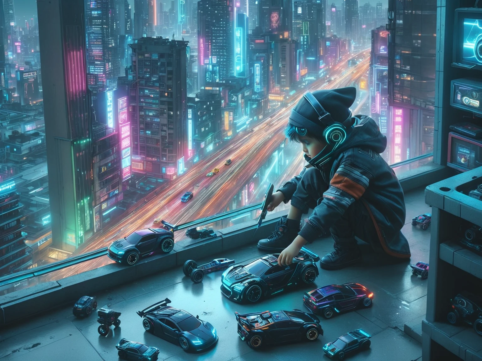 a 7 year old boy playing with his toy cars,on a deep balcony,cyberpunk city in the distance,cyberpunk colors,neon,high definition,8k,masterpiece,(best quality,4k,8k,highres,masterpiece:1.2),ultra-detailed,(realistic,photorealistic,photo-realistic:1.37),beautiful detailed eyes,beautiful detailed lips,extremely detailed eyes and face,longeyelashes,cinematic lighting,cinematic composition,dramatic lighting,dynamic composition