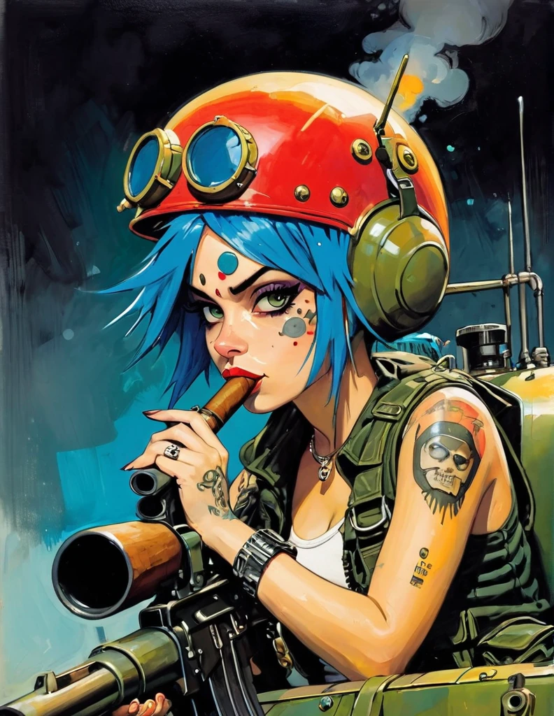tank girl character, military helmet, cigar, piercings, shotgun, in a tank, (art inspired by Skottie Young and Bill Sienkiewicz). oil painting)
