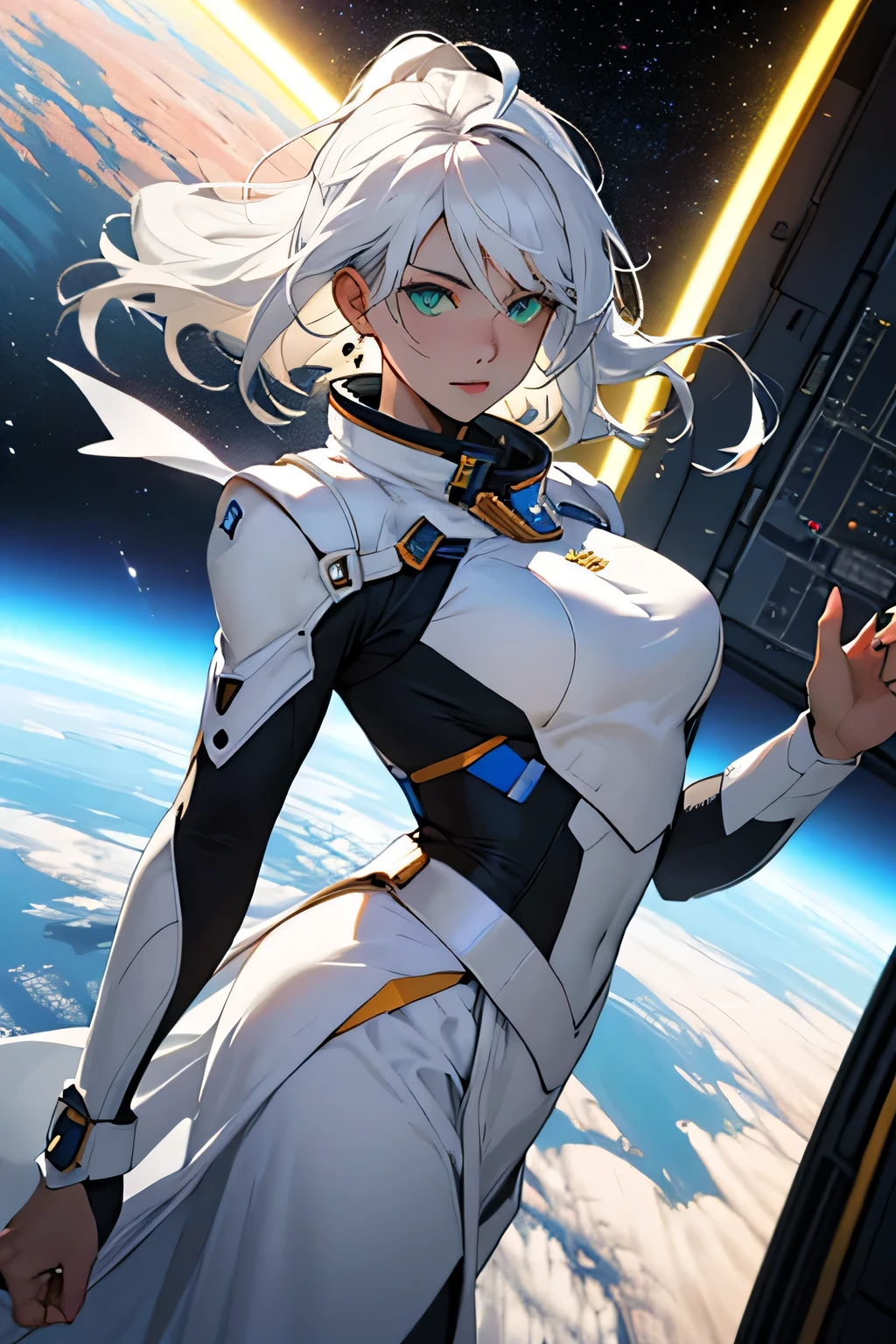 ((best qualityer)), ((work of art)), (detailded), 1 girl, busty, greeneyes, white  hair, Your skin is white. floating, in space. in royal costume