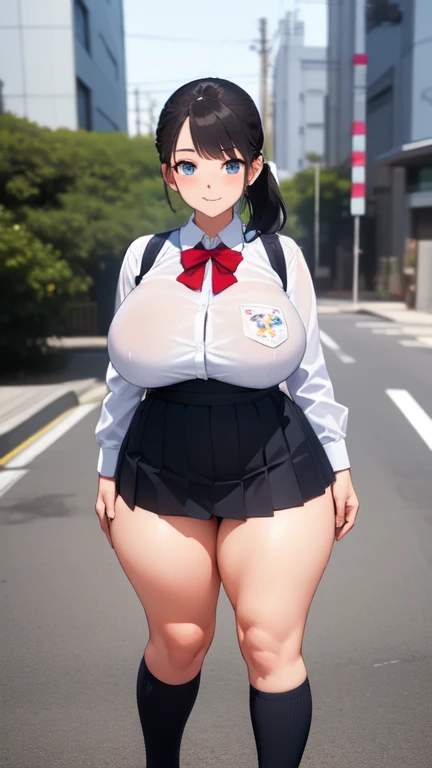 ((Highest quality)), ((masterpiece)), (detailed), 
((huge breasts))
((Very thick thighs))
((Very fleshy young woman))
(Tall)
Black ponytail hair
Blue eyes
Standing
(((Shoot from front)))
(((photograph the whole body)))
(Japanese school uniform)
(white (business) shirt)
(Black mini(school)skirt)
Japanese 
Tokyo city