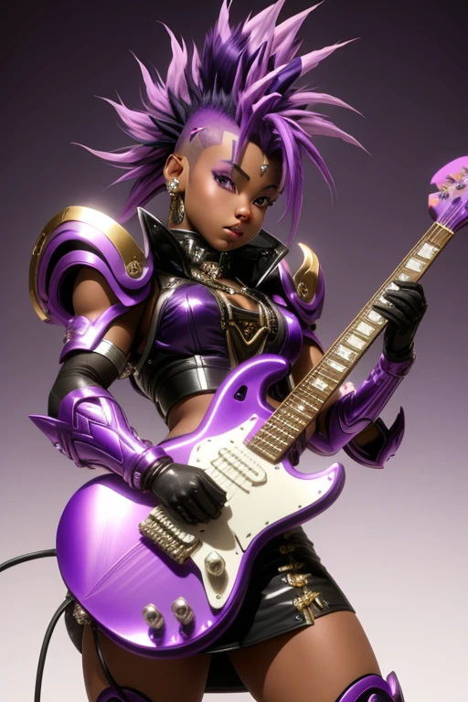  Saint Seiya，1 African American girl，purple Mohawk，Gradient，Gradient background，solo，1 girl，bow，Gloves，purple Mohawk，Fantastic girl，solo , electric guitar in hand, Rockstar.