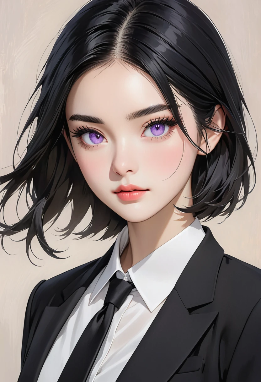 A woman with medium-length black hair that is straight and has an asymmetrical fringe covering her forehead. The hair ends just above her shoulders, flaring out slightly. She has fair skin and almond-shaped violet eyes with well-defined lashes. Her eyebrows are dark and neatly shaped. She has two beauty marks under each eye. Her nose is small and delicate, and her lips are full and slightly parted. She wears a subtle eyeliner and light blush. Her expression is neutral, conveying calm and composure. She is wearing a black suit, a white shirt, a black tie, classic black pants, and classic black shoes.