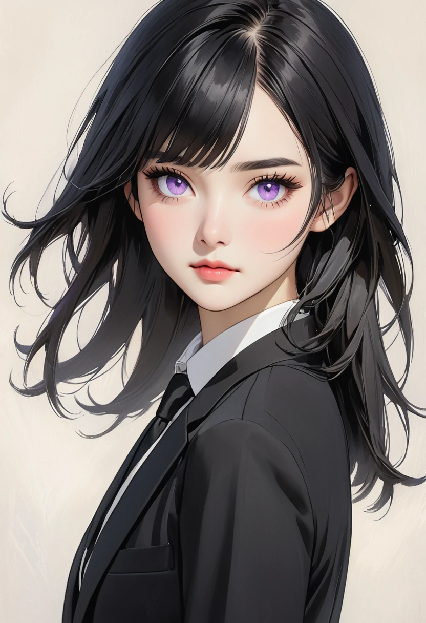 A woman with medium-length black hair that is straight and has an asymmetrical fringe covering her forehead. The hair ends just above her shoulders, flaring out slightly. She has fair skin and almond-shaped violet eyes with well-defined lashes. Her eyebrows are dark and neatly shaped. She has two beauty marks under each eye. Her nose is small and delicate, and her lips are full and slightly parted. She wears a subtle eyeliner and light blush. Her expression is neutral, conveying calm and composure. She is wearing a black suit, a white shirt, a black tie, classic black pants, and classic black shoes.