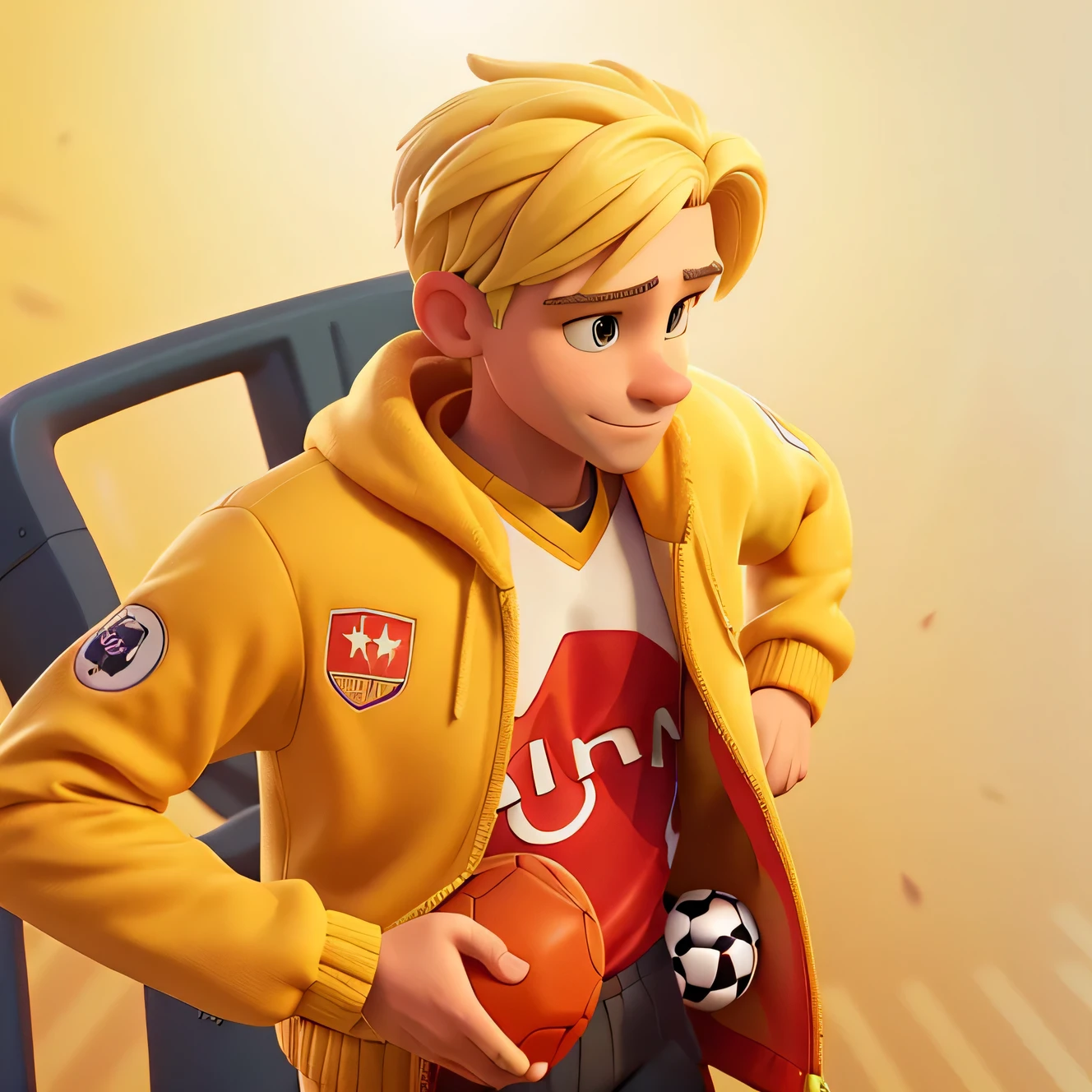 there is a man in a yellow jacket holding a red bag, wearing a yellow hoodie, with yellow cloths, yellow raincoat, wearing cyberpunk 2 0 7 7 jacket, profile pic, wearing a fisher 🧥, yellow clothes, wearing red and yellow clothes, yellow overall, by Robbie Trevino, vibrant aesthetic, profile shot, wearing wheat yellow gauze, streetwearDetailed eye, digital color, (soccer jersey: 1.5), (soccer element clothing: 1.2), sports, soccer uniform, team uniform, shadow, ray tracing, decoration, high resolution, strong silhouette, colorful background , aggressive, beautiful (Illustration: 1.05), (film light: 1.1), cool aesthetic, aesthetic style, hard illustration, backwards, 8k, film grain, Kodak Portra 800, f1. 8. Prime time