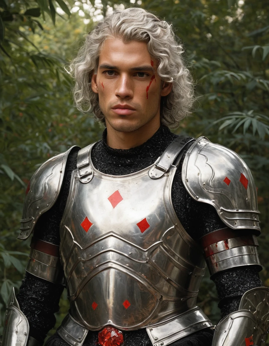 {{Masterpiece, best quality, oil painting, dramatic, male focus}}, (((by James Tissot, by Gustave Klimt))), ((((the full body portrait of a 30 year old male knight, violent, manly, sexy, tall, young, he has silver hair, tan skin, scarred face, sullen, arrogant, majestic)))), (((((((He is covered in blood, wearing cyborg plate armor, with a red diamond shape on his chest))))))). ((Jungle background, hawk moths flying))