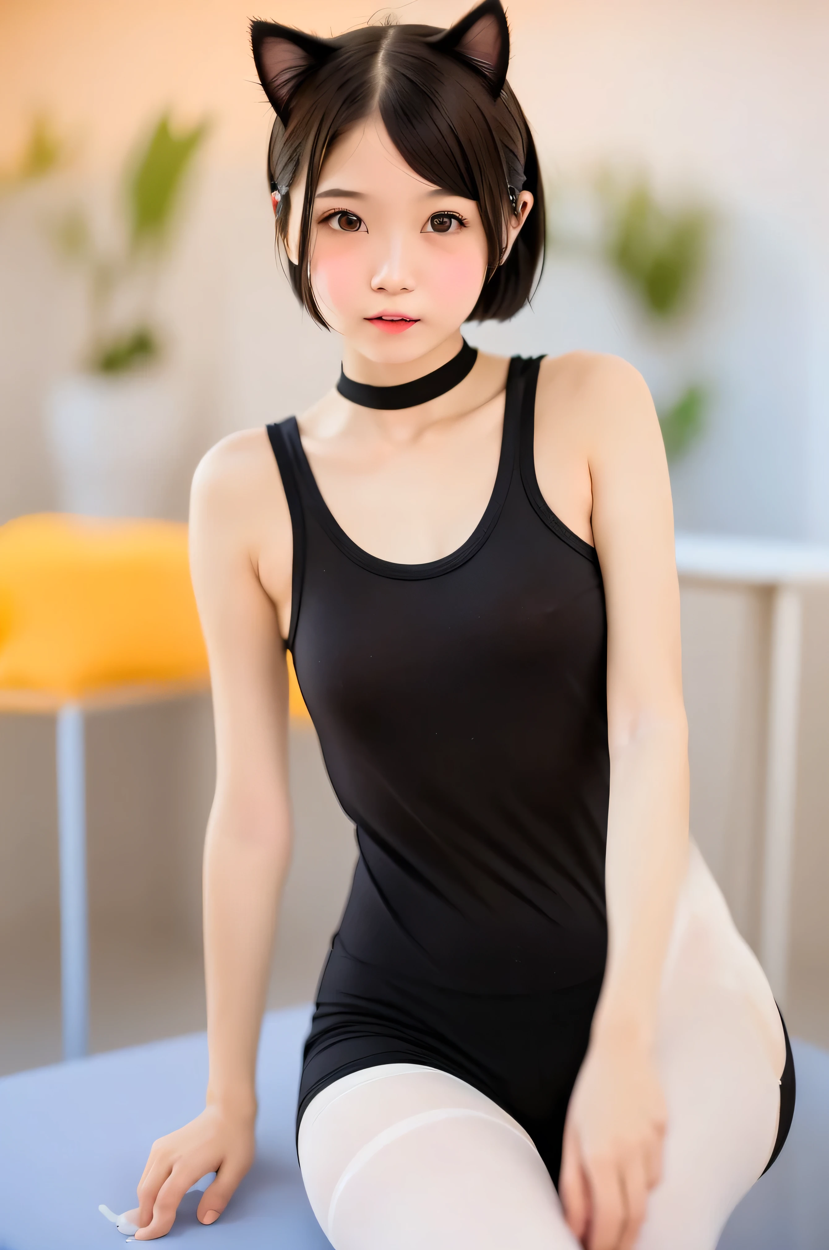 masterpiece, Bokeh, (Cat ear:1.4), Sitting on the beach at sunset, Looking at the audience, office lady, pantyhose,(masterpiece, Highest quality, It captures a very cute moment, Depth of written boundary, Super detailed, Ultra-high resolution, C4D, Octadale, 3D Modeling,Realistic human photos、 8k, 16K, One Girl,, 、Small breasts,Black Hair,short hair,Straight Hair,Light brown eyes,Cute Face), Bloomers, Black tank top, zettai ryouiki, Wet clothes,Classroom Nights,Moonlight, Good elevator, Take off、Real-life skin、Not an anime、Realistic、