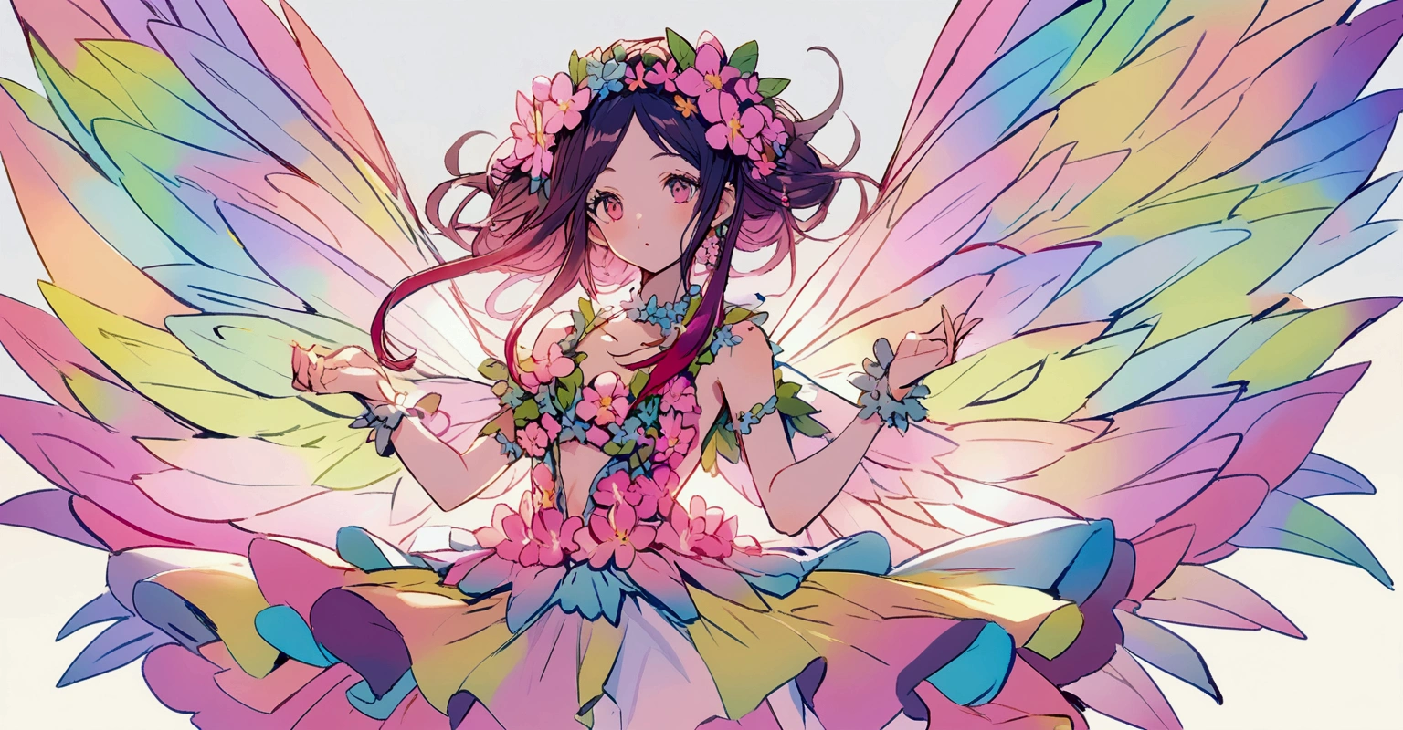 A fairy with long burgundy hair, wearing a pink flower outfit