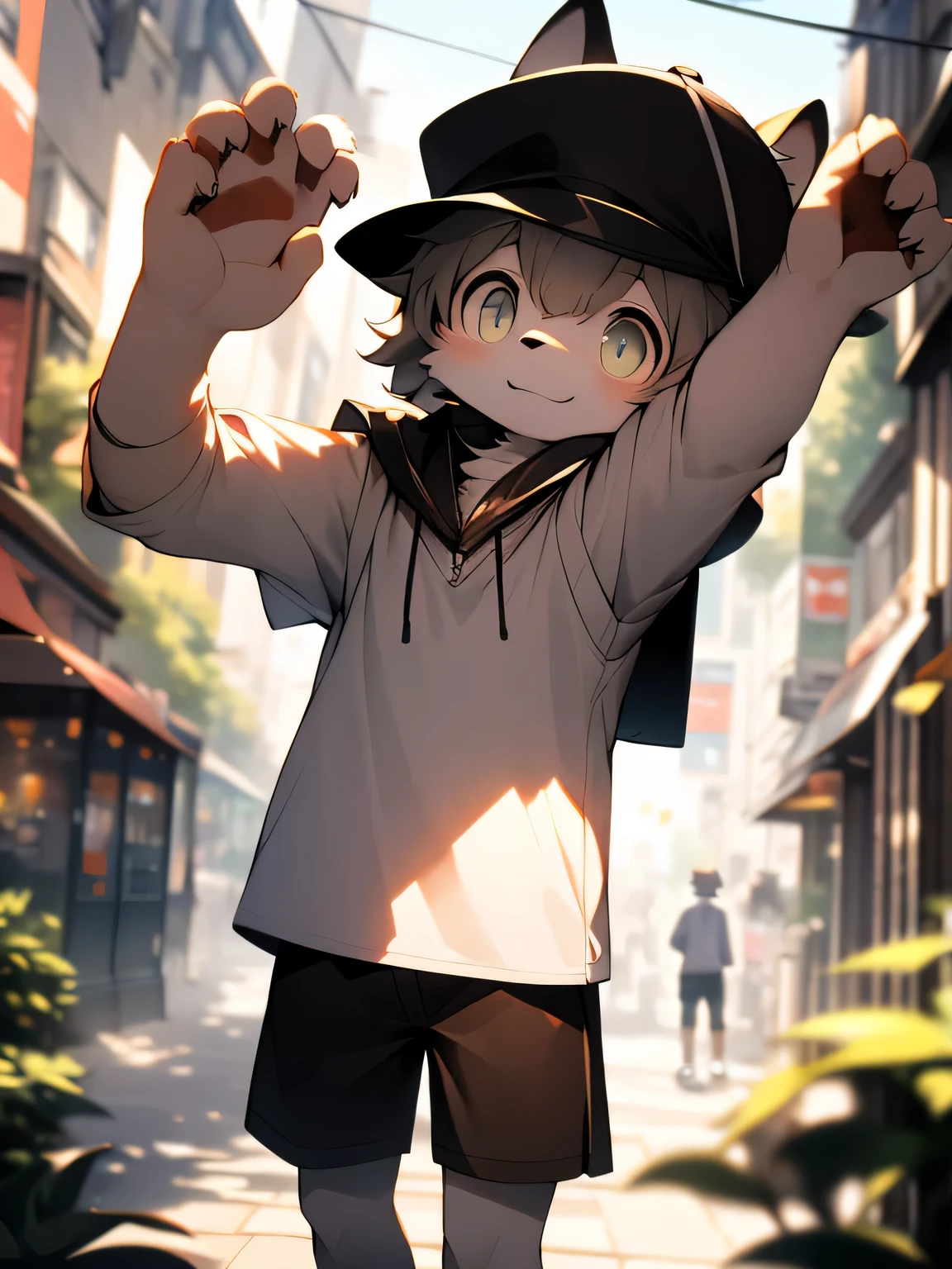London streets at the beginning of episode 24,boy,Extremely thin body,Light grey fur,Bright morning sunshine,Brown Newsboy Cap,White Striped Shirt,Brown shorts,Acting cute,(A masterpiece),(high quality),(Clear structure),(Clear texture),(Extremely detailed background),(Extremely detailed characters)