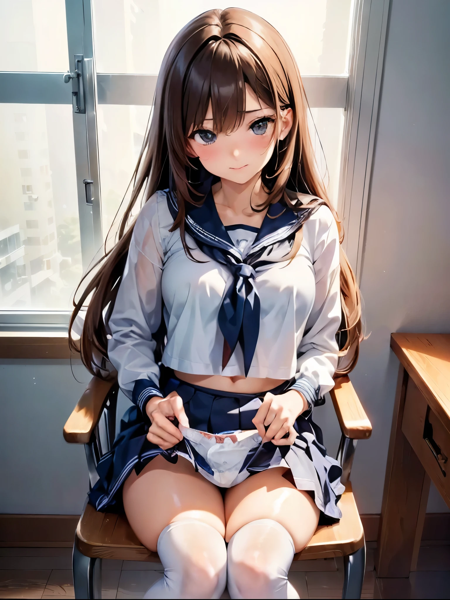 (((masterpiece, Highest quality, High resolution, 超High resolution, Perfect Pixel, Depth of written boundary, 4K, RTTX 10.0))), Beautiful Anime Woman, Beautiful art style, Anime characters, ((Smooth texture, Realistic texture, Anime CG Style)), Exact finger count、Exact number of legs、(Exact number of arms:1.0, Exact number of hands:1.0), (Perfect hands, Perfect Anatomy), Cinematic, Realistic, Extremely detailed CG, Daytime lighting, Perfect lighting, Best Shadow, The best natural light, whole body, Perfect body, バランのとれたPerfect body, Perfectly balanced style, Slender body, ((Long Hair, bangs, Reddish brown hair, Stylish and trendy hairstyle)), ((A cute adult woman is holding her panties in both hands and showing them, holding panties, presenting panties:1.8)), ((Sailor suit tops, Sailor collar, White shirt, Navy pleated mini skirt:1.3), (Knee-high socks:1.3):1.3), (Beautiful and big breasts:1), (Very embarrassed look:1.5), blush, (School classroom, Desk and chair in the background:1.3), Angle from the front, Blue lace panties