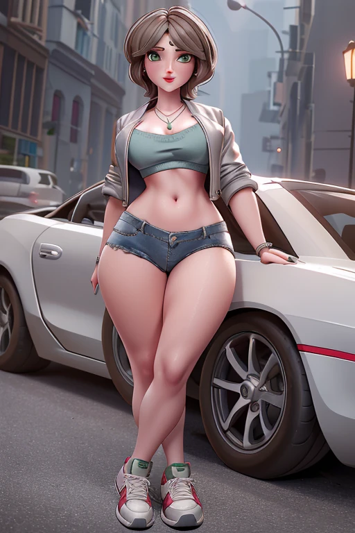 3D cinematic film.(caricature:0.2). masterpiece, best high quality, ultra details, ((top quality)), ((masterpiece)) (detailed), cinematic lighting, complex, high detail, sharp focus, (Beautiful, medium breasts:1.2), (thick thighs:1.1), (42 years old:1.2), THICK, Aunt Cass, Aunt Cass Big Hero 6, MILFs, one woman, Mature female, brown hair, mid-length wavy hair, big green eyes, pale skin, round face, gentle smile, thin eyebrows, ((Wearing crop-top, jacket, silver necklace with a pendant, short-shorts and sneakers)), red lips, short hair, Unreal 8k octane rendering engine
