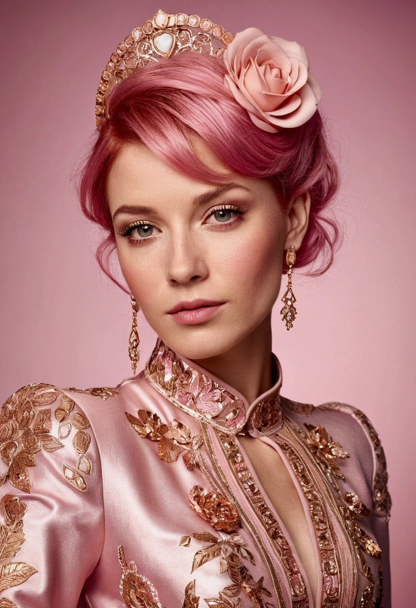 Fair skinned pinked haired European woman wearing a pink gold and rose gold themed outfit. Elegant. Beautiful. Adorable.