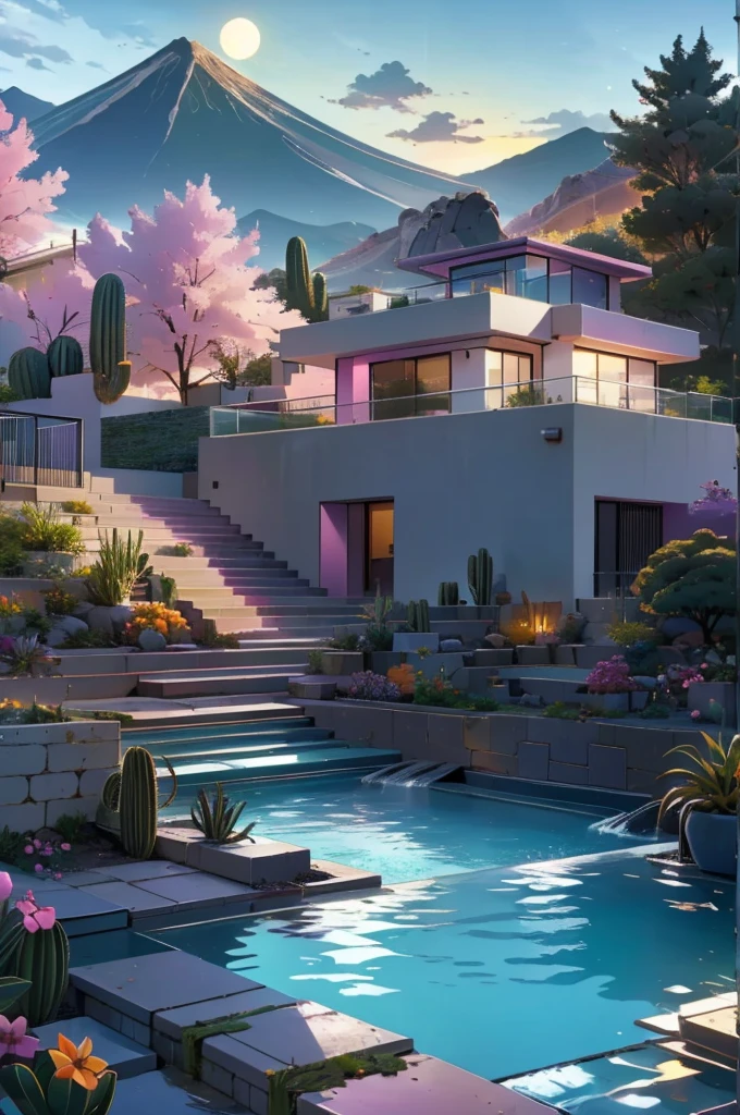 Multiple houses, brutalism style, Luis Barragán, Mountains in background, river, pool, terraces, stairs, garden terraces, trees, beautiful clouds, moon, sun, detailed, cacti, boulders, volcanic rocks, fuggy, river, lake, Violet, orange, olive green, blue, magenta, amazing volcano in horizont, beautiful garden design