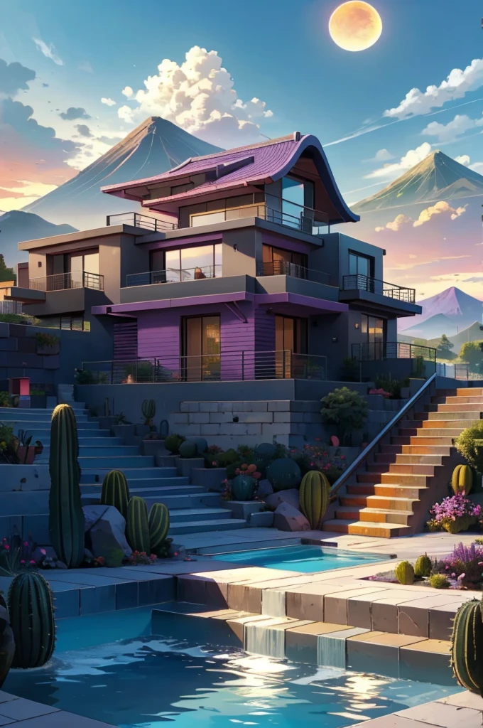 Multiple houses, brutalism style, Luis Barragán, Mountains in background, river, pool, terraces, stairs, garden terraces, trees, beautiful clouds, moon, sun, detailed, cacti, boulders, volcanic rocks, fuggy, river, lake, Violet, orange, olive green, blue, magenta, amazing volcano in horizont, beautiful garden design