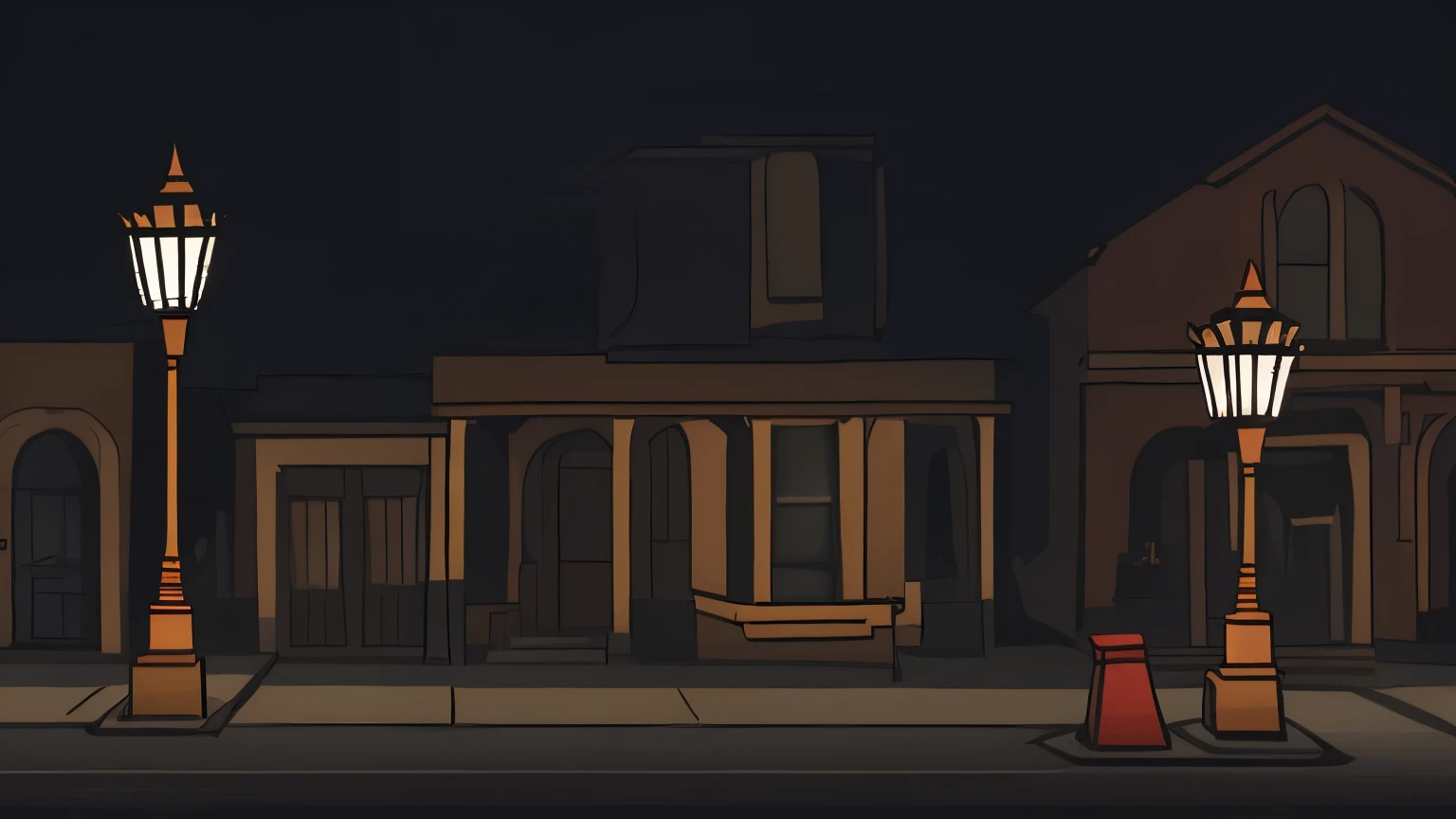 A quiet cobblestone street lined with retro houses and dimly lit street lamps. A cat crosses the street. The street lights and cat’s movement should loop seamlessly, starting and ending with the same light intensity and cat position. The scene is in a line art style with watercolor effects, creating a warm and nostalgic atmosphere.