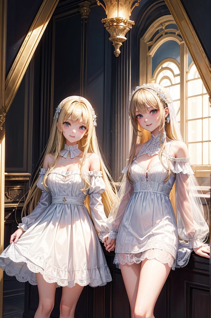 (Masterpiece, Highest quality,High resolution), 1 girl, alone, , (Blonde), Very long straight hair,slender body shape, Beautiful Face、Detailed eyes、smile、Closed Mouth、Glossy lips、Romanesque room,White lace off-the-shoulder dress、Lace mini skirt、Emphasize cleavage、Thighs、Show more skin、