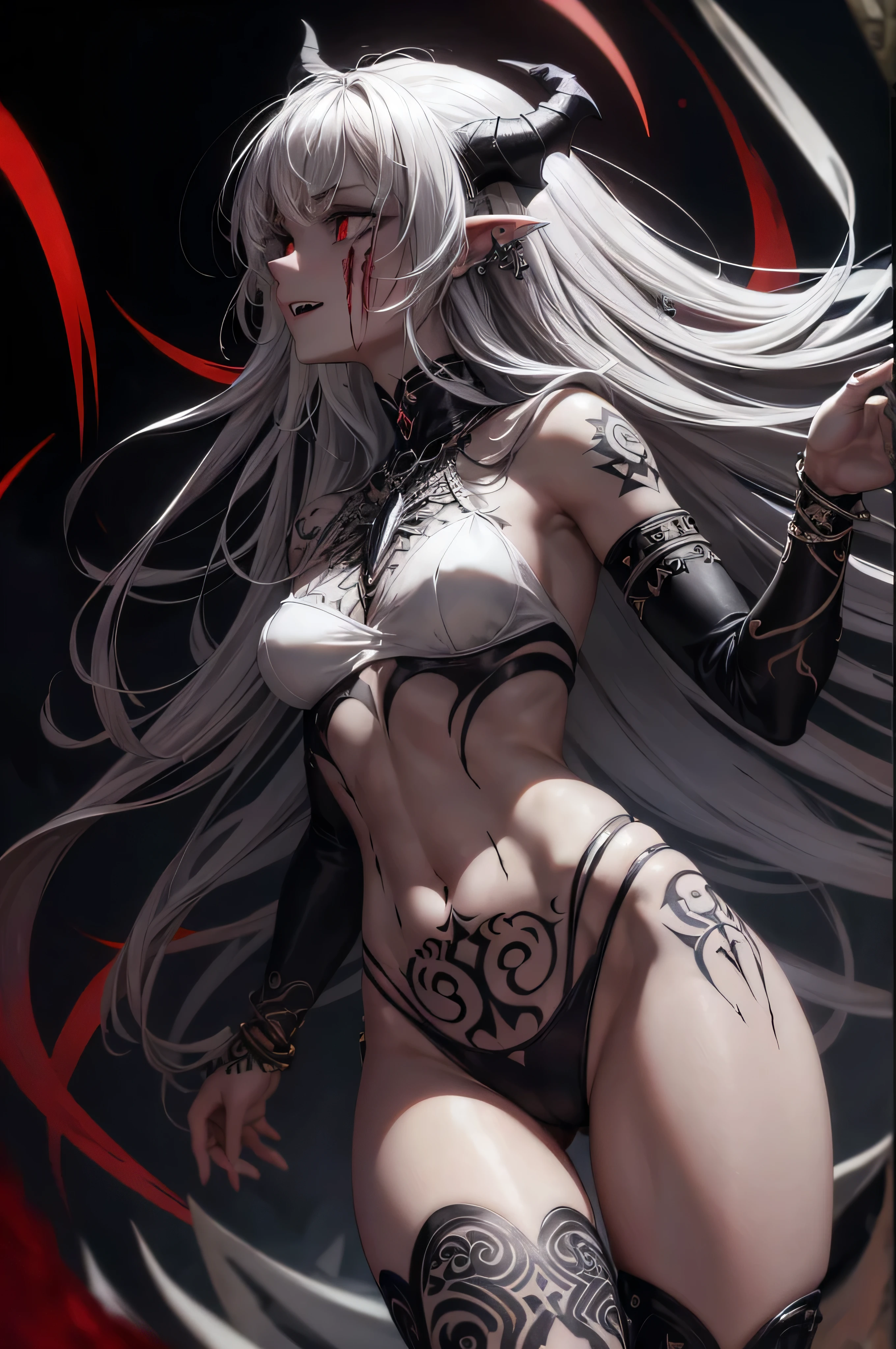  ((best quality)), ((masterpiece)), (detailed), 1girl, NSFW, small breasts, prominent collarbones, skinny arms, flat stomach, visible hip bones, long hair, ponytail, thick ponytail, heavy ponytail, red and white clothing, Bloodborne inspired, occult aesthetic, occult, detailed and intricate steampunk and detailed gothic 