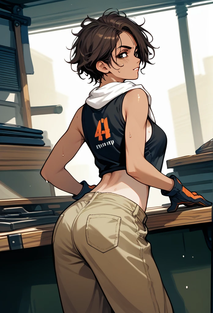 masterpiece, best quality, mature woman, messy hair, black hair, brunette gradient hair color, hot face, (tomboy face), tan skin, mature body, fit body, medium breasts, mechanic gloves, (dirty tank top), stained tank top, midriff, white bandana, loose pants, workshop, (sweaty), bending over, towel around neck, back view (please expose butt)