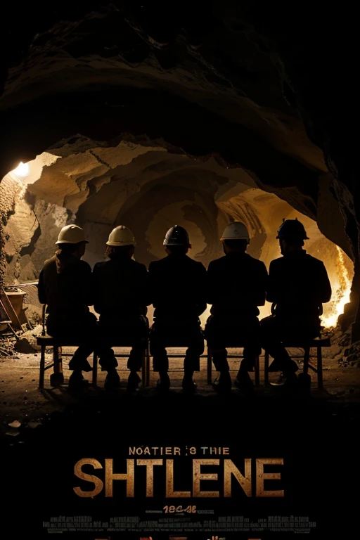 Make a poster that has a brown-haired, brown-eyed miner in the center of the poster., a mine shaft at the top of the poster and at the bottom the silhouette of six miners sitting in a cave