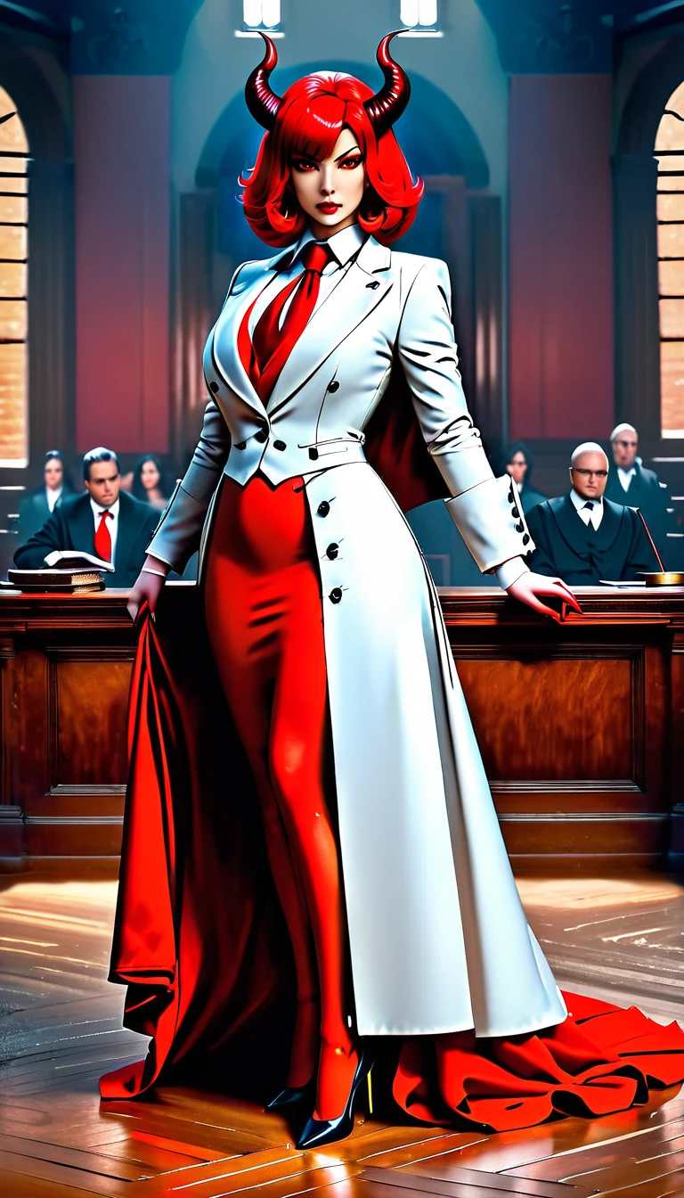 a picture of a female devil wearing barrister's wig and cloak in courtroom, a devilishly beautiful devil, ((full body shot: 1.5)) ((anatomically correct: 1.5), (ultra detailed face: 1.2), best detailed face, (red skin: 1.3), two black horns, wearing white button shirt, red tie, English barrister's wig, courtroom background, vibrant, Hyperrealism style, vibrant, Ultra-high resolution, High Contrast, (masterpiece:1.5), highest quality, Best aesthetics), best details, best quality, highres, ultra wide angle, 16k, [ultra detailed], masterpiece, best quality, (extremely detailed) RAW, photograph, Hyperrealism style, demonmawAI