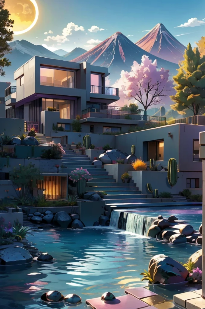 Multiple houses, brutalism style, Luis Barragán, Mountains in background, river, pool, terraces, stairs, garden terraces, trees, beautiful clouds, moon, sun, detailed, cacti, boulders, volcanic rocks, fuggy, river, lake, Violet, orange, olive green, blue, magenta, amazing volcano in horizont, beautiful garden design