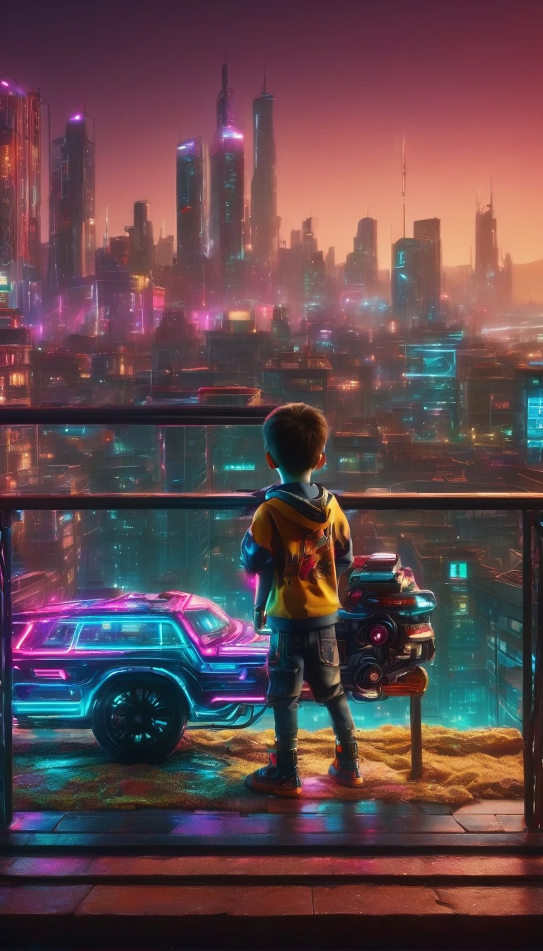 a 7 year old boy playing with his toy cars,on a deep balcony,cyberpunk city in the distance,cyberpunk colors,neon,high definition,8k,masterpiece,(best quality,4k,8k,highres,masterpiece:1.2),ultra-detailed,(realistic,photorealistic,photo-realistic:1.37),beautiful detailed eyes,beautiful detailed lips,extremely detailed eyes and face,longeyelashes,cinematic lighting,cinematic composition,dramatic lighting,dynamic composition