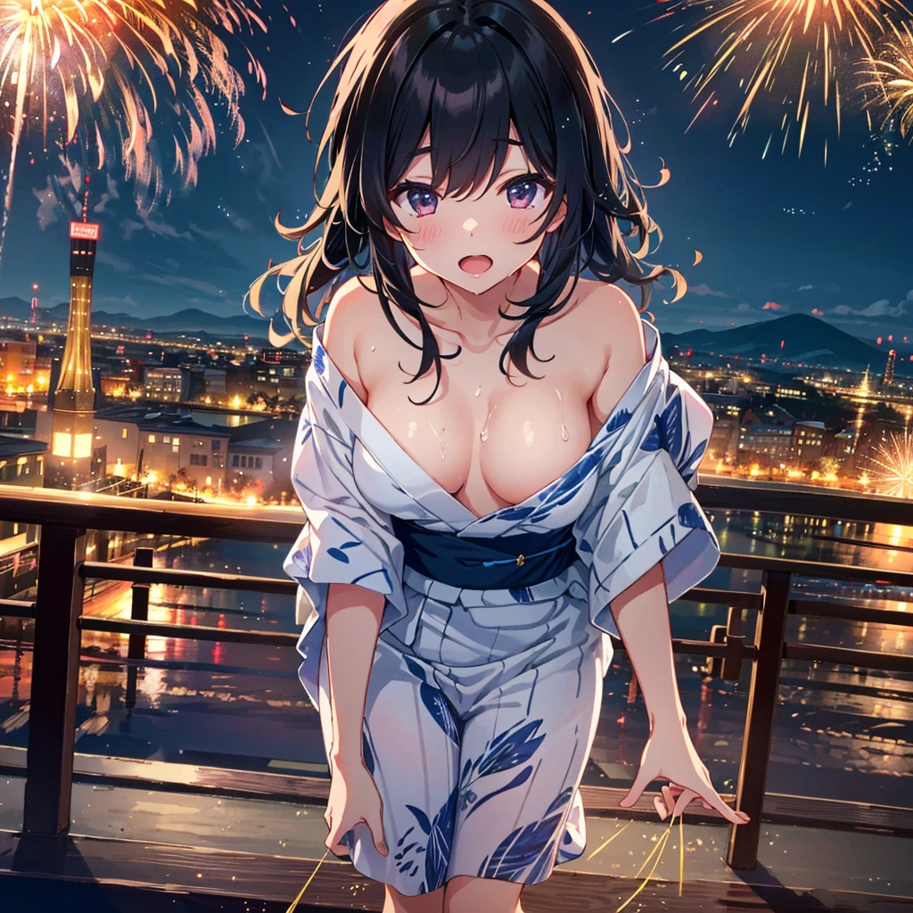 masterpiece, best quality, extremely detailed, (pastel), 8k cg wallpaper, stunning art, absurdres, a lady, very beautiful face, black long hair, beautiful hair, fluttering hair, yukata, bent over, grabbed handrail, look back, nsfw, POV, (hetero), (motion blur of intense sex from behind:1.3), doggy style, vaginal penis, (orgasm), open mouth, fireworks, viewer is standing, cowboy shot, from above, at higher place of mountain,