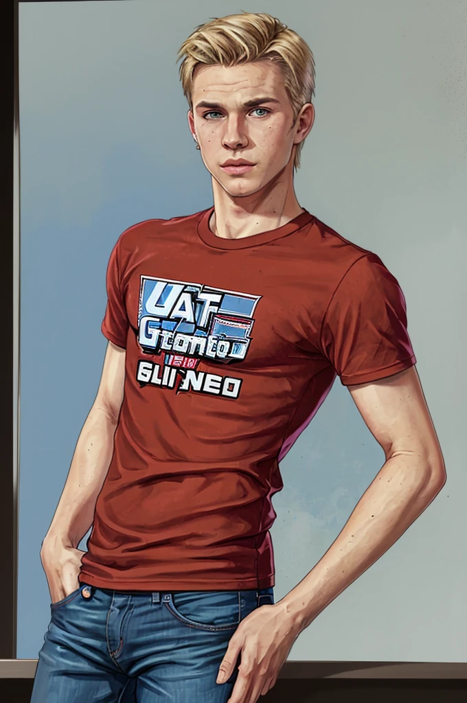 Young blond man with blue eyes. He is 18 years old, athletic and wears a red t-shirt and blue jeans. He has a berreta 92 in his hand. Style GTA 5