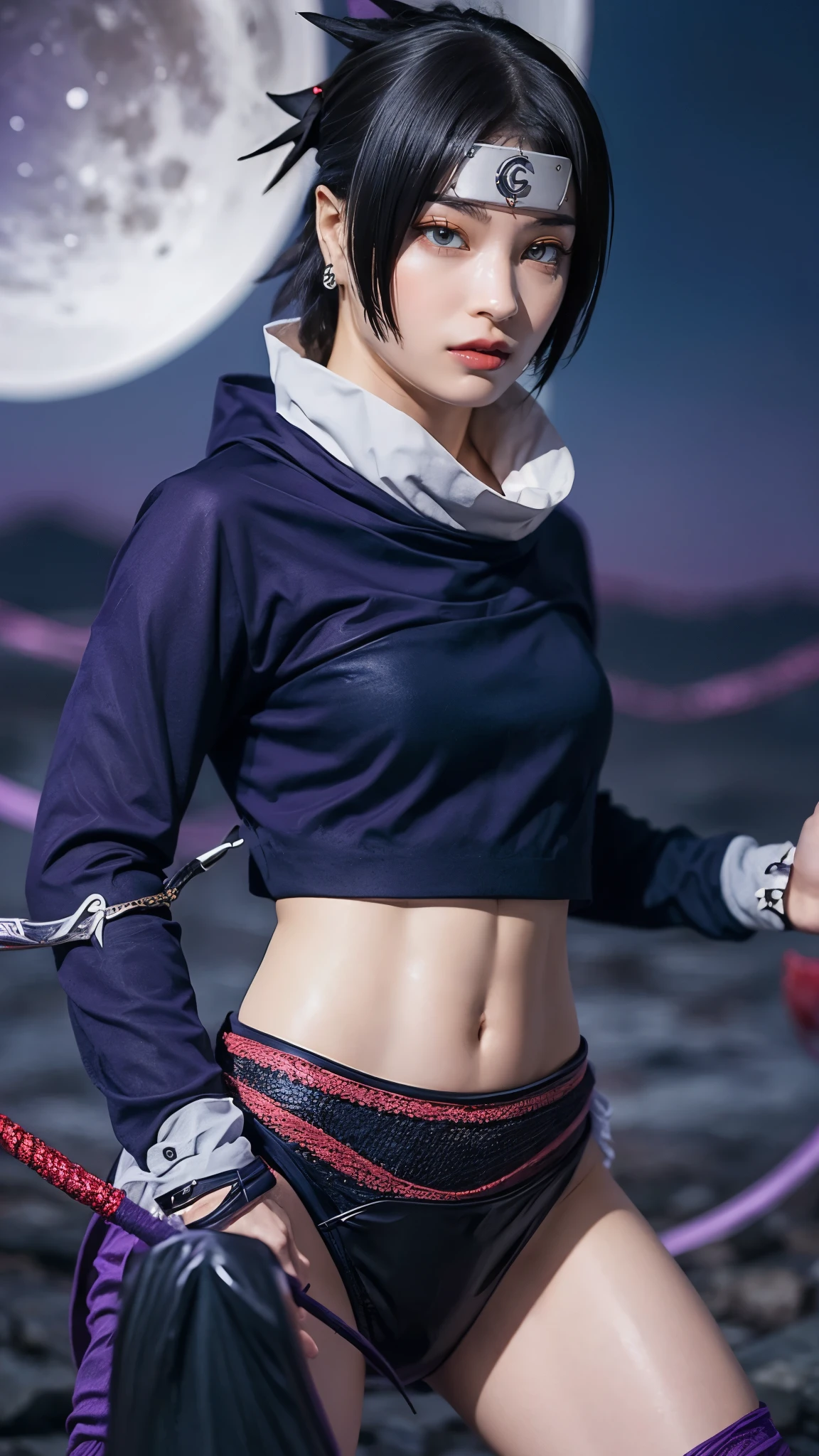 Moisturized skin, (red eyes: 1.4), perfect body, adult female body, mature, cold expression,
BREAK,
(beautiful navel), (kunoichi), (ninja), sexy, (kunai), (leather), fishnet, (fishnet stockings: 1.2), (black clothes), bright red lipstick, (ninja clothes: 1.4),
BREAK,
(highly detailed hair: 1.2), spiky black hair, spiky hairstyle, ((headgown with a bowl)),
BREAK,
((masterpiece + highest quality + high resolution + highly detailed)), (full body: 1.2), symmetrical, one shot,
BREAK,
(blue electricity flows), (Wind blows), (Fighting stance: 1.4), ((A big full moon is in the sky)),
BREAK,
(Uchiha Sasuke: 1.3), Elegant, ((Holding a Japanese sword)), Black sword, Holding the handle of the sword, Long blade, Neon city, Night, Long, big, thick rope around waist, ((Purple electricity runs through the whole)),