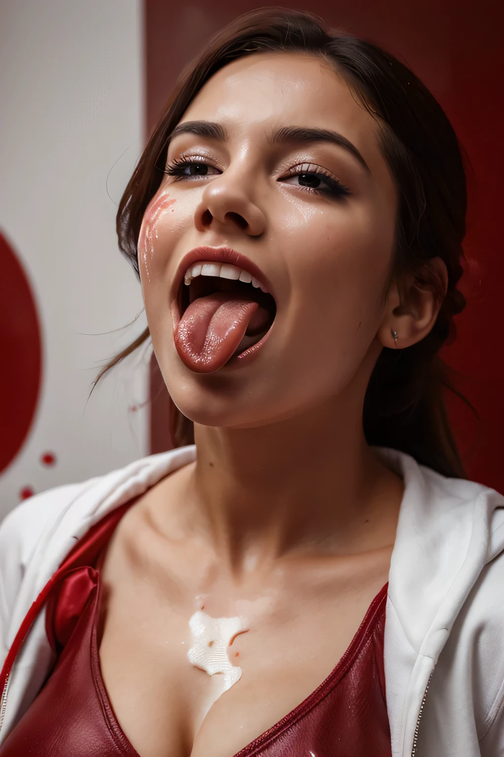 beautiful woman with her mouth open, tongue out covered in milk, red and different clothes, portrait style, dark and mysterious background, 4k, 8k, detail, ultra realistic