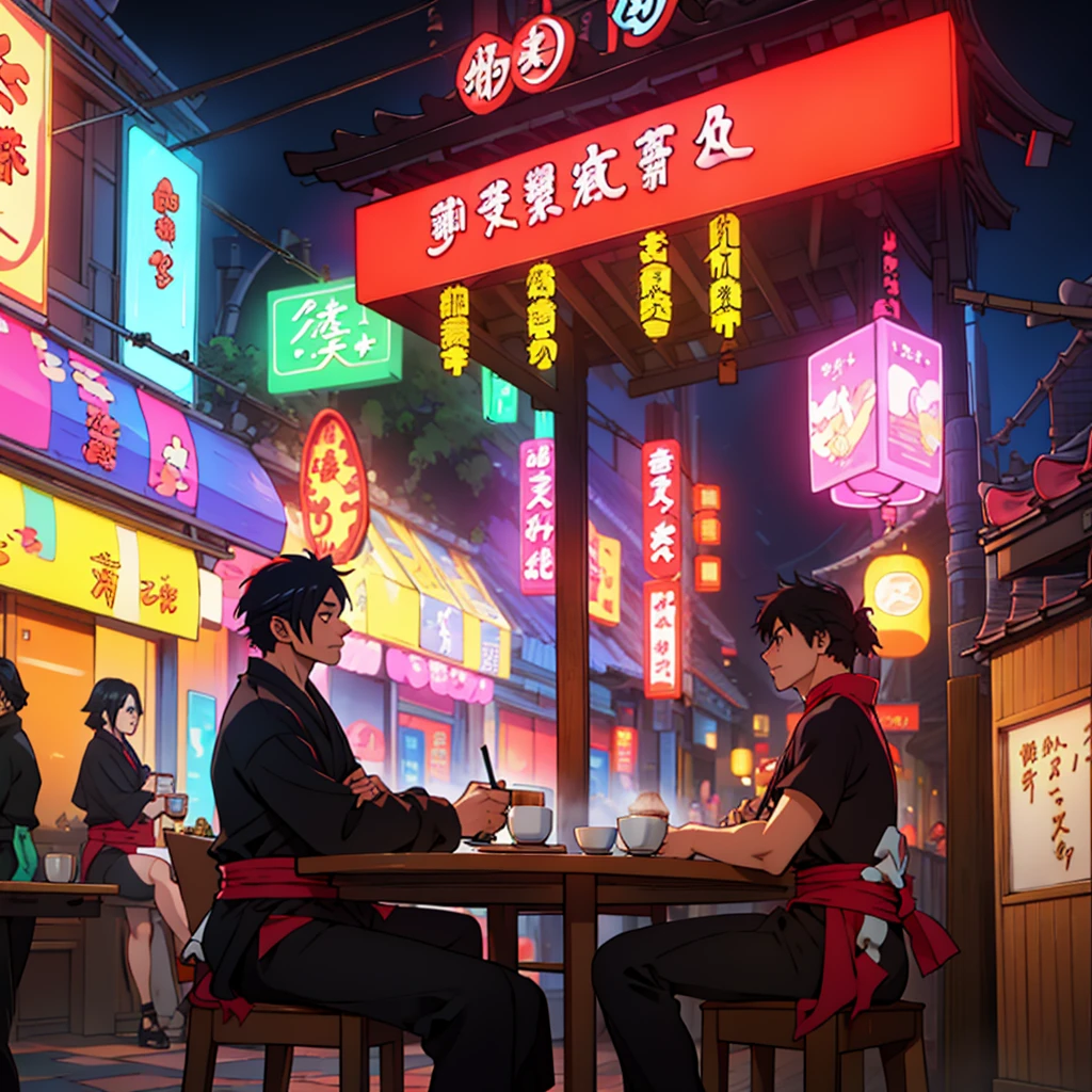 anime boy, big swords, having a coffee in a cafe, cafetetia tokyo, neon
