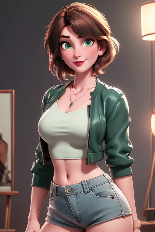 (best quality:1.4),(mature face), (((best quality))), illustration, perfect lighting, Colorful, Bright_Front_face_Lighting, ultra high res, (Beautiful, medium breasts:1.2), (thick thighs:1.1), (42 years old:1.2), THICK, Aunt Cass, Aunt Cass Big Hero 6, MILFs, one woman, Mature female, 42 yo, brown hair, mid-length wavy hair, big green eyes, pale skin, round face, gentle smile, thin eyebrows, ((Wearing crop-top, jacket, silver necklace with a pendant, short-shorts and sneakers)), red lips, short hair, posing for the camera, art by Artgerm, painted background, studio portrait, soft light, bezel lighting, shimmer in the eyes, bokeh background, picturesque, 8K, HDR, RGB, Ultra-HD
