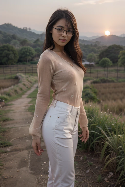 Young sweet beautiful Bogor city girl dancing cheerful on wide rice field near Bogor, descent mixed from sundanese and javanese and Arabic, little breasts, very very slim body, have big greek with long bridge nose, tirus slim face, wide forehead, big eyes, little sexy mouth, heavy down lip, thin uper lip, charm and cute girl, her name is Dewi, very sweet and harmful smile, in the sunny fresh sunset, georgeus face, slim body, 19 years old, student of agriculture university, wearing 80's style big size white thin long sleeve long sweater, wearing not sexy white thin trousers in late 80' years era mode and style, wearing wedges shoes, very realistic, very natural, very realistic, all body from head to toes view, wind blowing so strong and blowing everything, straight bob style slim hairs with a bangs blown by the very strong wind, salak mountain as background, beautiful sunset and beautiful girl, sweet romantic moment that can't forget, wearing glasses, she is very in love to me,