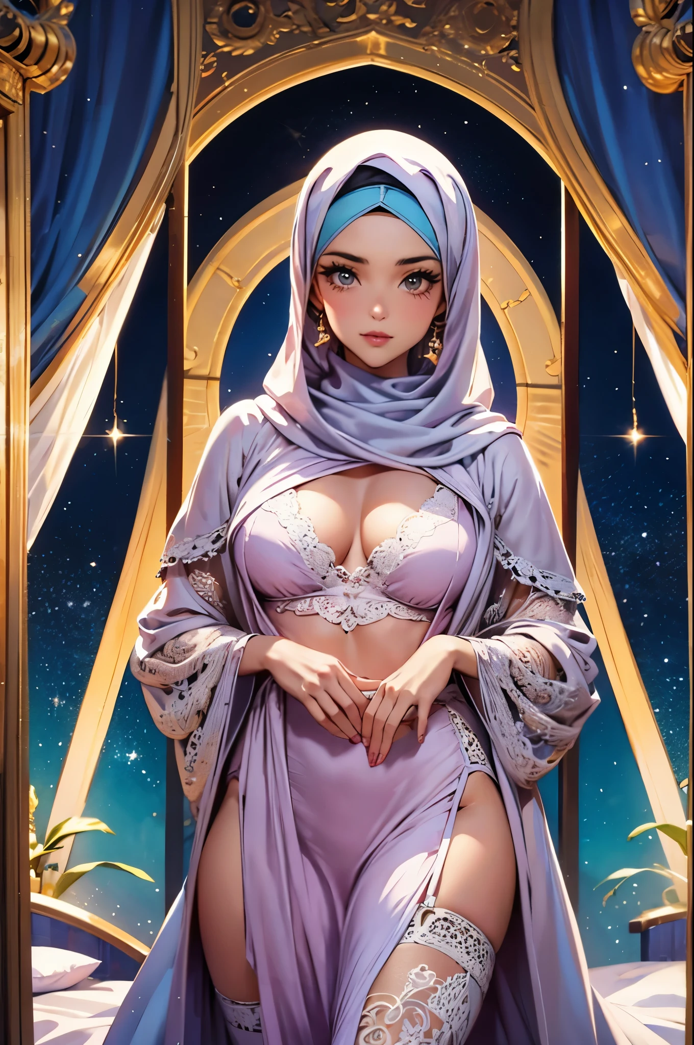 1woman, 32 years old, Amazigh, berber, lybian, Muslim, wearing pvc purle Hijab, transparent pyjama, glossy lips, lips so delicious, polished nails:0.91, d cup breasts, private parts slightly visible, stockings, heavenly scenery, night scene, bedroom, alluring bedroom, dramatic lighting, window open, gentle wind, waving curtains, Perfect anatomy, goddess, heavenly night sky in the background, cinematic lighting