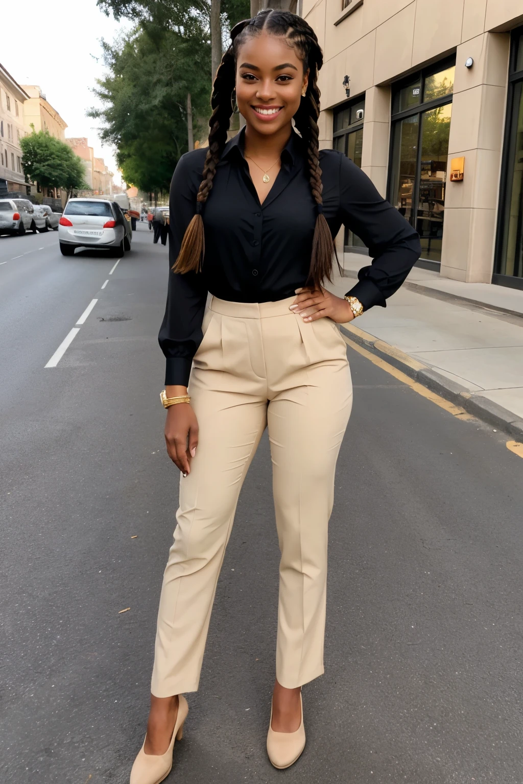 full body shot of an attractive african, ((dark-skinned )) ,Has the perfect face shape ((long eyelashes)), ((petite body shape)) ,hourglass figure, big brown eyes , , cute lips, and has a breathtaking smile,(( girl with dimples)) , (( perfect cornrows hairstyle))she poses for a picture, wearing a black elegant blouse, olive suit pants and formal shoes (( beige loafers)) ,outdoors at a busy street, ((girl with dimples)) realistic textures
