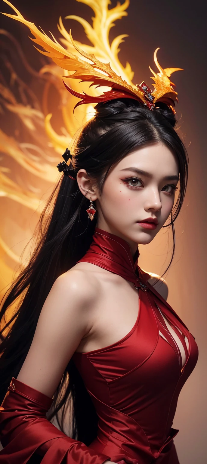 1 beautiful devil woman from hell, In the Dark: 1.6), surreal female portrait by David Hockney and Alphonse Mucha, fantasy art, korea doll, photorealism, dynamic lighting, artstation, poster, volumetric lighting, very detailed faces, 8k ultra, Awarded, in the dark, deep shadow, low key, cowboy lens, (Red phoenix dress: 1.4), long hair, black hair, bust, luxurious palace, Royal style, devil crown, red eyes make up very sharp and detailed, The most beautiful face, The breasts are very big and round and round, Super realistic, chinese women's clothing, polo neck sweater, Charming smile, The eyes are very well made up, guweiz, devil style, wearing black mesh socks, Ponytail with a bow tied at the back of the hair, Red black lips, Devil tattoo on shoulder, wearing a thin red and black robe, the landscape is overcast and thunderous, (Portrait), Close-up of the main character, (Background details 1.8),