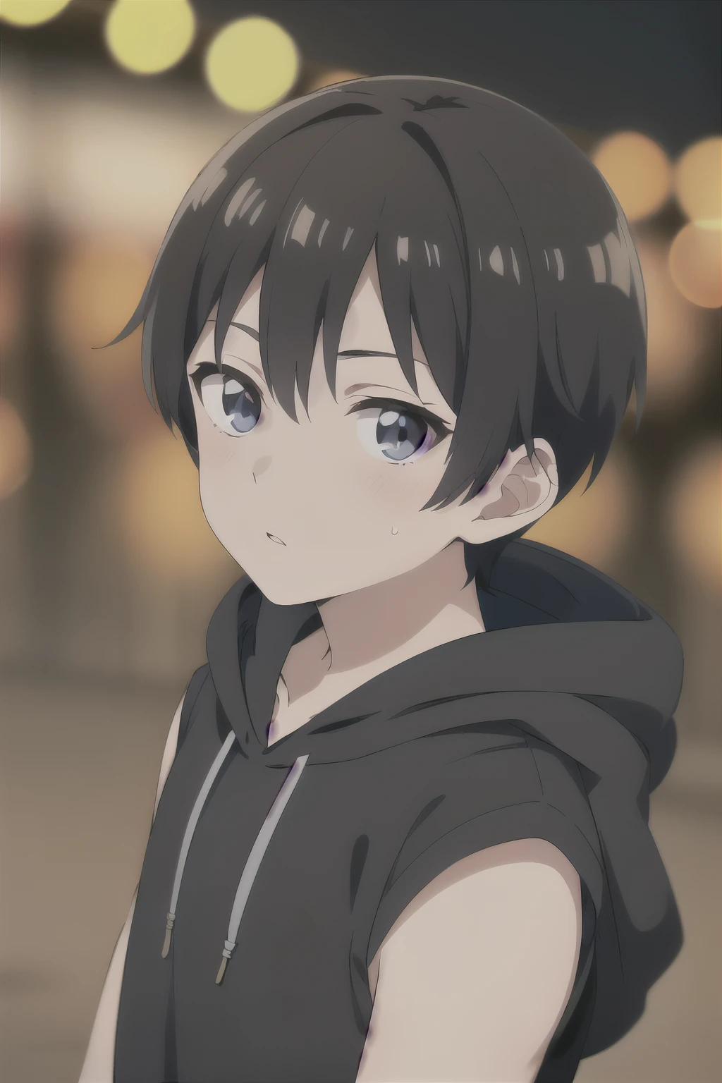 Highres, Masterpiece, Best quality at best,Best Quality,hight quality, hight detailed, Anime style, 1boy, Shota, young boy, Solo person, Black hoodie, Sleeveless hoodie, Seen from the front, look at viewer, (very young boy), (very small and short body), 12-year-old boys, hansome boy, Uhd, bokeh,
