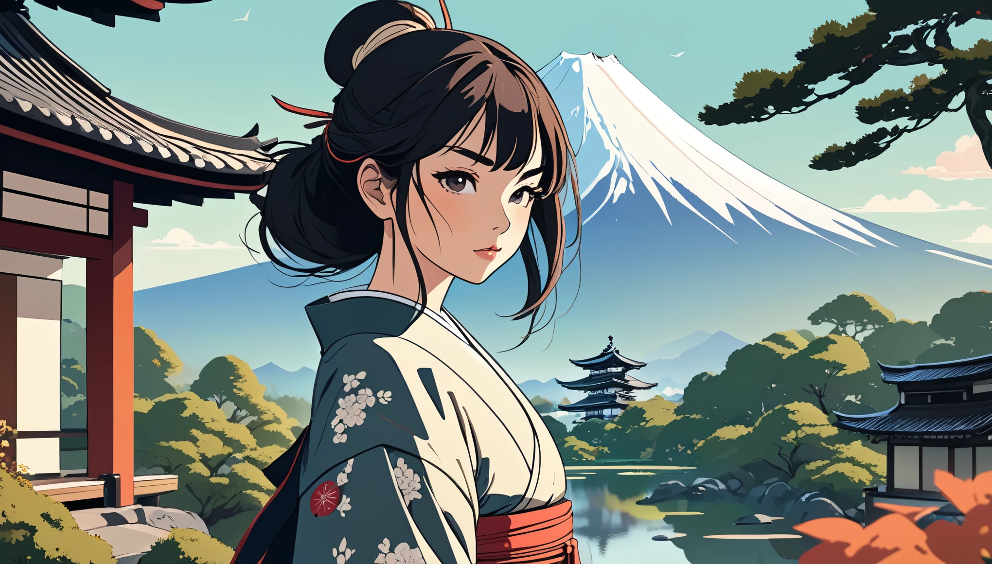 Female samurai,Japanese garden、Fuji Mountain、 Wide-angle lens, Lofi Anime, Lofi illustration, Aesthetic atmosphere, Lo-Fi Style, Vector art, Flat Design, Simple shape, Warm tones, Pleasant atmosphere, Chill, In anime style, Digital drawing, Vector art, Vector logo for t-shirt printing, (Adorable:1.5), (small:1.4), (Playful:1.2), (soft:1.3), (Whimsical:1.1), masterpiece, Highest quality, 8k, Intricate details, grow, Celestial, Mysterious, Picturesque, amazing, Majestic, Magic, Fantasy art, Cover art, dream-like