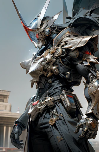 In the distant, futuristic landscape, a Kamen Rider stands tall, his red-patterned silver armor glistening under the soft light. The armor, intricately detailed and heavily armored, is a testament to advanced technology. The iron-masked knight's visor, covering his face, is reminiscent of ancient knightly armor, adding an element of nostalgia to this high-tech figure.

His slender but strong-looking body is taut with readiness, every muscle carved with precision. His glowing blue eyes are sharp and focused, gleaming with an intensity that speaks of unwavering resolve. The red-patterned blue sky covering his back