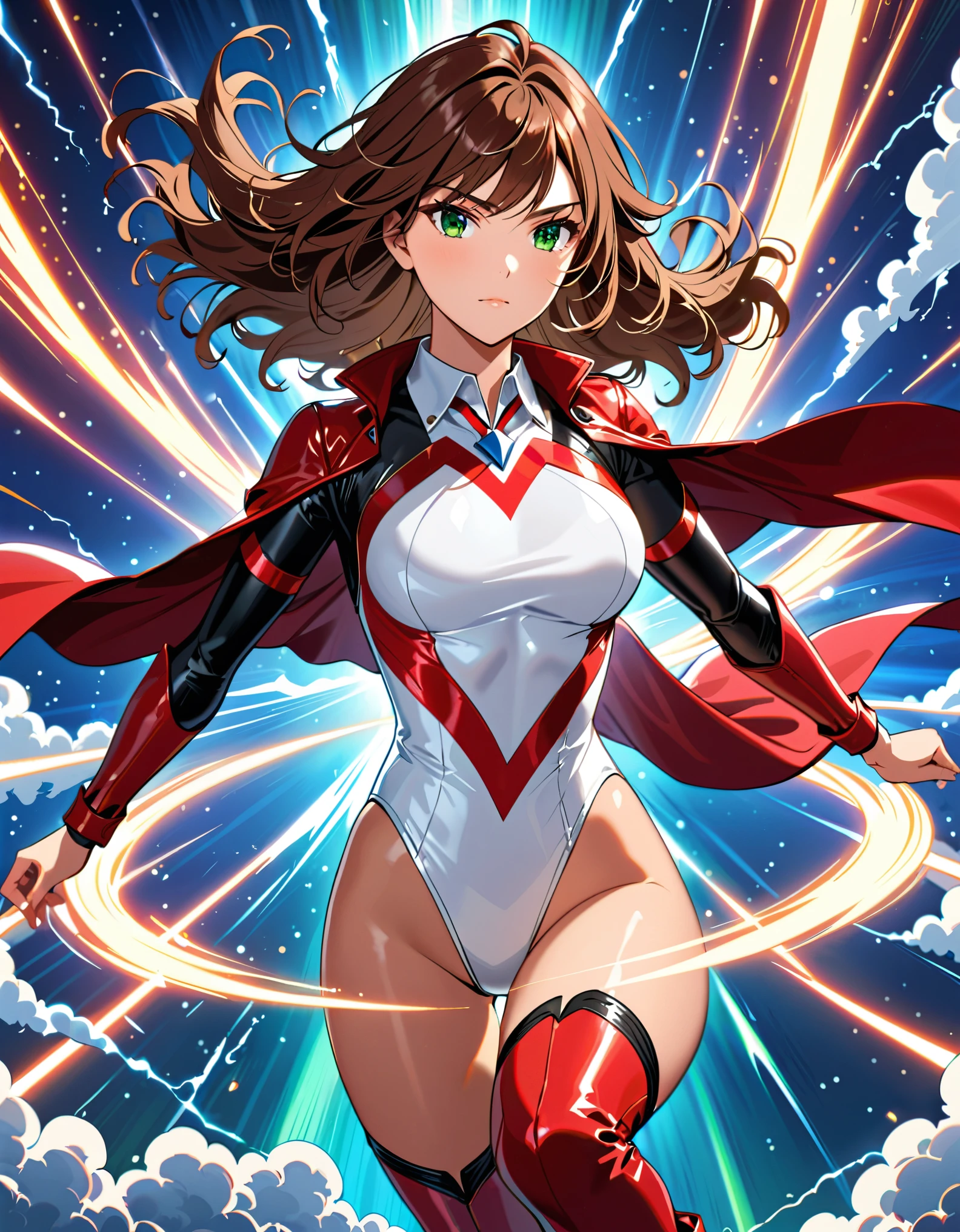 (masterpiece), (best quality), (high res), 1lady, tall body, professional, beautiful detailed eyes, beautiful detailed face, serious, perfect hands, complete fingers, perfect anatomy, perfect proportions, ((brown hair, medium hair, hair down)), ahoge, ((green eyes)), ((leotard, white leotard, matching leotard)), ((white dress collar, open collar)), ((bare legs)), ((boots, matching boots, ankle-high boots, red boots)), breasts, medium breasts, (full body portrait), (solo, solo focus), cowboy shot, space backdrop, (((yellow upside-down chevron) (symbol) on chest)), ((red leather jacket, open jacket)). (T-pose, legs together). (spins fast in place like a tornado, whirls fast in place like a tornado, tornado whirling, spiral lines around her, spinning energy pulse around her, storm winds around her, whirls into a tornado, (she whirls) in (super speeds)). full body costume design. curved sword slash. she super-spins. time travel, time warp.