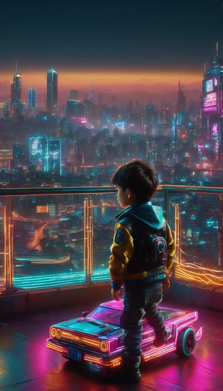 a 7 year old boy playing with his toy cars,on a deep balcony,cyberpunk city in the distance,cyberpunk colors,neon,high definition,8k,masterpiece,(best quality,4k,8k,highres,masterpiece:1.2),ultra-detailed,(realistic,photorealistic,photo-realistic:1.37),beautiful detailed eyes,beautiful detailed lips,extremely detailed eyes and face,longeyelashes,cinematic lighting,cinematic composition,dramatic lighting,dynamic composition