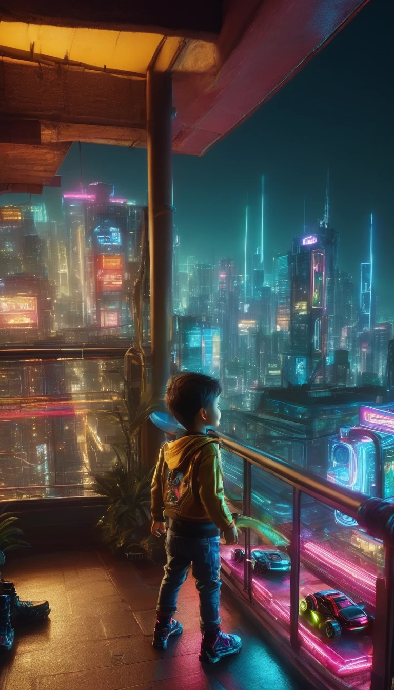 a 7  boy playing with his toy cars,on a deep balcony,cyberpunk city in the distance,cyberpunk colors,neon,high definition,8k,masterpiece,(best quality,4k,8k,highres,masterpiece:1.2),ultra-detailed,(realistic,photorealistic,photo-realistic:1.37),beautiful detailed eyes,beautiful detailed lips,extremely detailed eyes and face,longeyelashes,cinematic lighting,cinematic composition,dramatic lighting,dynamic composition