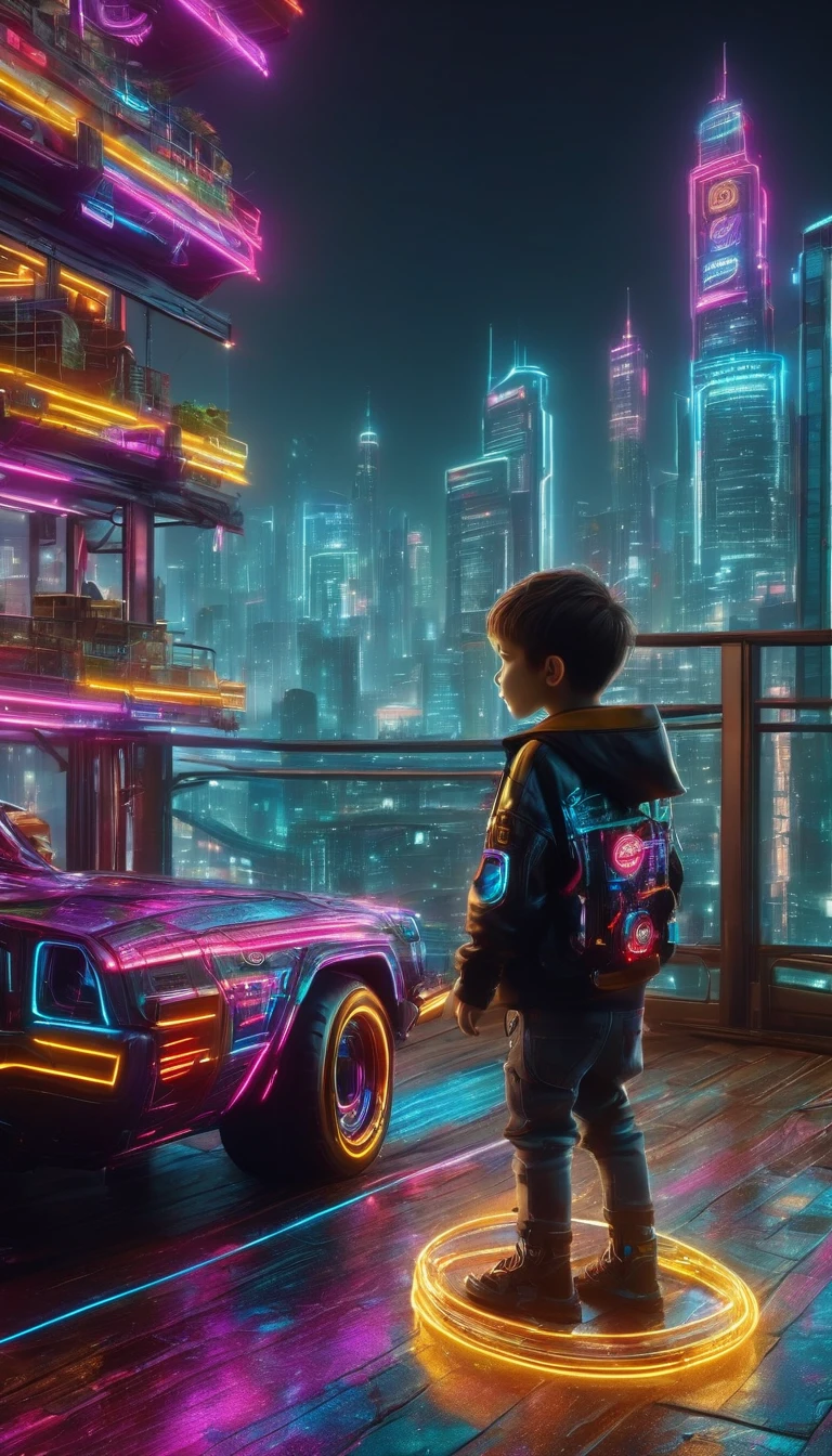 a 7 year old boy playing with his toy cars,on a deep balcony,cyberpunk city in the distance,cyberpunk colors,neon,high definition,8k,masterpiece,(best quality,4k,8k,highres,masterpiece:1.2),ultra-detailed,(realistic,photorealistic,photo-realistic:1.37),beautiful detailed eyes,beautiful detailed lips,extremely detailed eyes and face,longeyelashes,cinematic lighting,cinematic composition,dramatic lighting,dynamic composition