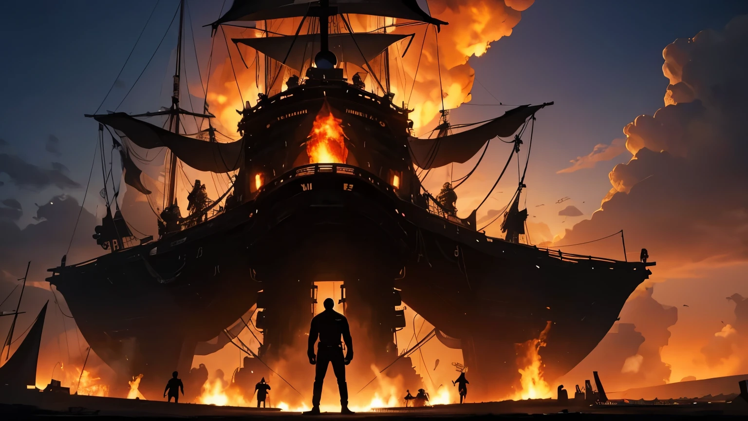 generate an image of a giant black man in the center of the image on a giant, shadowy pirate ship, his entire body on fire in the, flame-covered sky, dramatic and distant camera,slim body