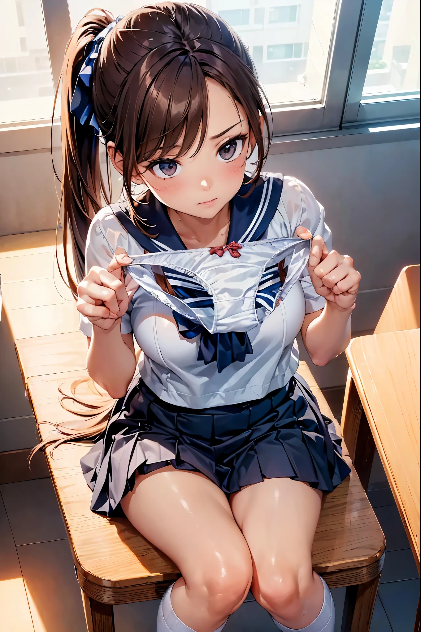 (((masterpiece, Highest quality, High resolution, 超High resolution, Perfect Pixel, Depth of written boundary, 4K, RTTX 10.0))), Beautiful Anime Woman, Beautiful art style, Anime characters, ((Smooth texture, Realistic texture, Anime CG Style)), Exact finger count、Exact number of legs、(Exact number of arms:1.0, Exact number of hands:1.0), (Perfect hands, Perfect Anatomy), Cinematic, Realistic, Extremely detailed CG, Daytime lighting, Perfect lighting, Best Shadow, The best natural light, whole body, Perfect body, バランのとれたPerfect body, Perfectly balanced style, Slender body, ((Long Hair, bangs, Reddish brown hair, Fashionable ponytail)), ((A cute adult woman is holding her panties in both hands and showing them, holding panties, presenting panties:1.8)), ((Sailor suit tops, Sailor collar, White shirt, Navy pleated mini skirt:1.3), (Knee-high socks:1.3):1.3), (Beautiful and big breasts:1), (Very embarrassed look:1.5), blush, (School classroom, Desk and chair in the background:1.3), Angle from the front, (Lace light blue panties:1.45)