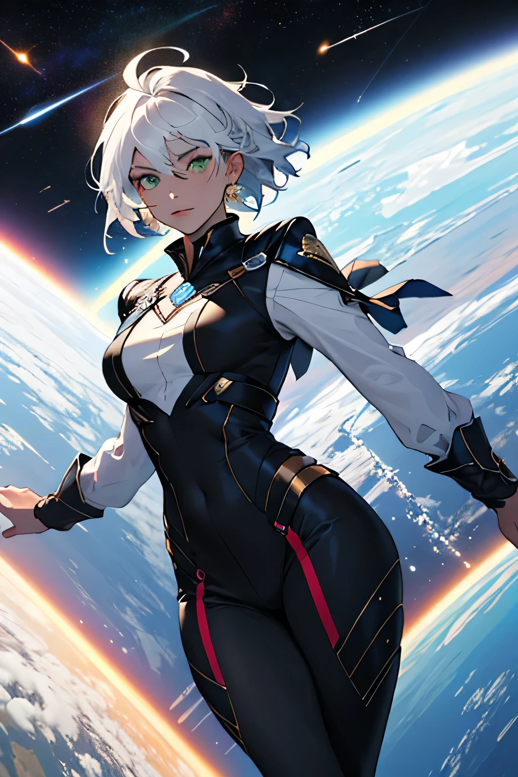 ((best qualityer)), ((work of art)), (detailded), 1 girl, breasts 103 cm, greeneyes, white hair, his skin is black. floating, in space. in royal costume